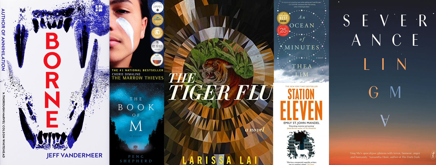 A collection of book covers showing Borne by Jeff Vandermeer, The Marrow Thieves by Cherie Dimaline, The Book of M by Peng Shepherd, The Tiger Flu by Larissa Lai, An Ocean of Minutes by The Lim, Station Eleven by Emil St. John Mandel, Severance by Ling Ma