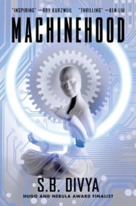 The book cover for Machinehood, S.B. Divya. A robed robot sits in lotus position facing left, head turned to show full face.
