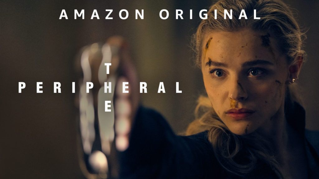 a still from the tv show 'The Peripheral' showing the dirty face of actress Chloe Grace Moretz as character Flynne Fisher