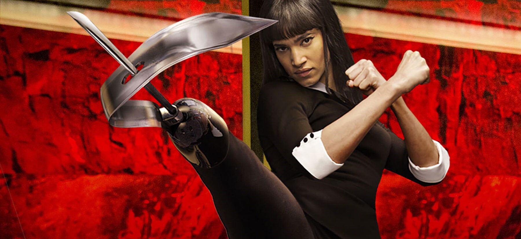 The character Gazelle from the film Kingsman: The Secret Service. A woman with fists clenched and arms crossed in a fighting pose. She wears a blakc outfit and has long black hair. Her right leg is extended in a fighting pose showing a prosthetic lower limb with weaponised blade